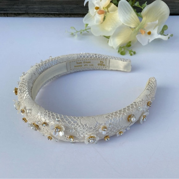 1” Padded Headband Offwhite Vintage Lace Overlay Flower/beads Adorned Handmade - Picture 4 of 11